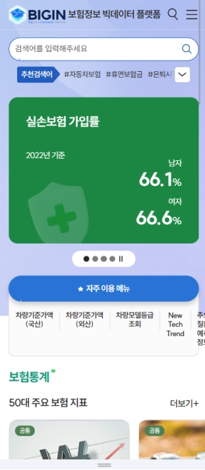 BIGIN 보험정보 빅데이터 플랫폼 모바일 웹					 					 인증 화면